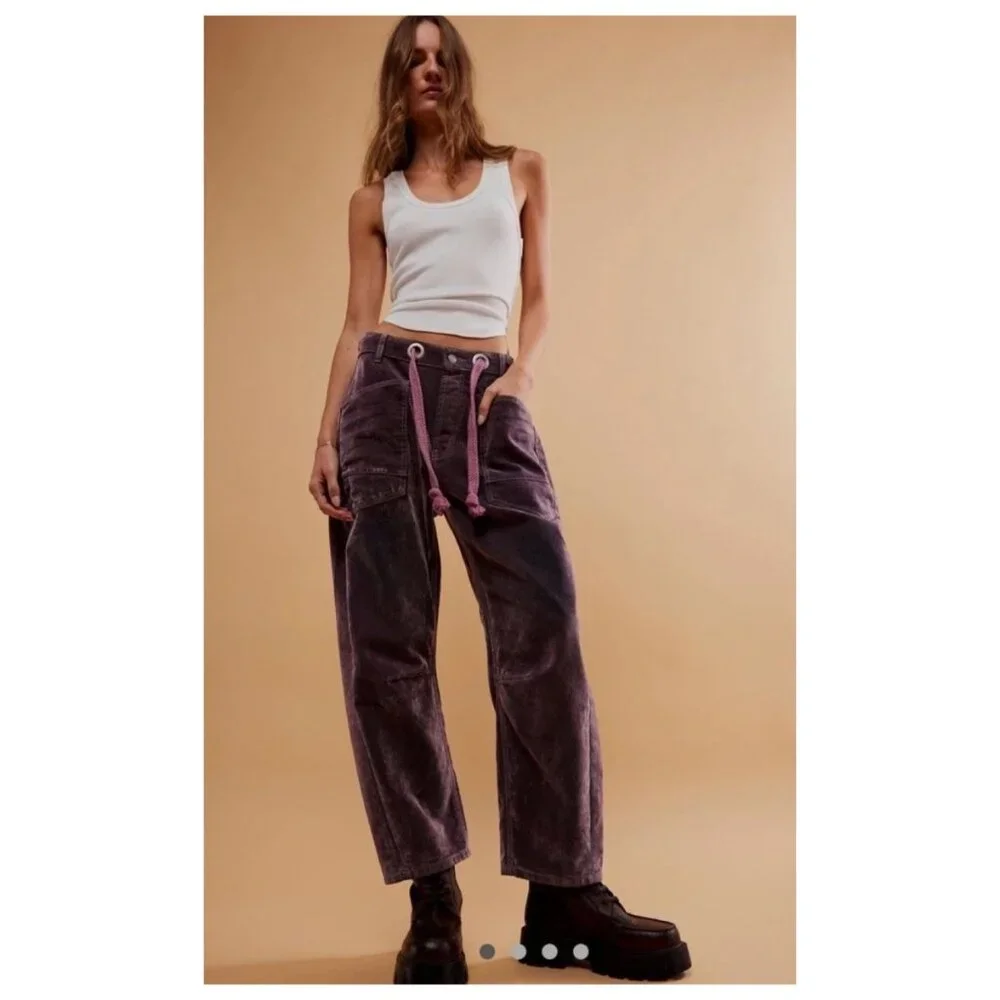 Free People Moxie Flocked Pull On Barrel Jeans We The Free Rope Tie Size 31 - Picture 1 of 9
